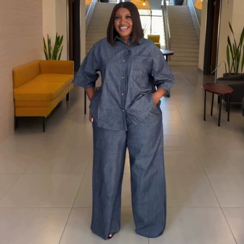 ZARA Plus Size Solid Notch Collar Loose Mid Sleeve Shirt African Style Pants Set